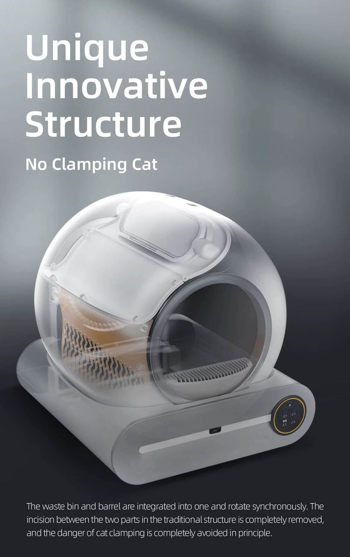 White smart scoop cat litter box with text highlighting its innovative design on a dark background