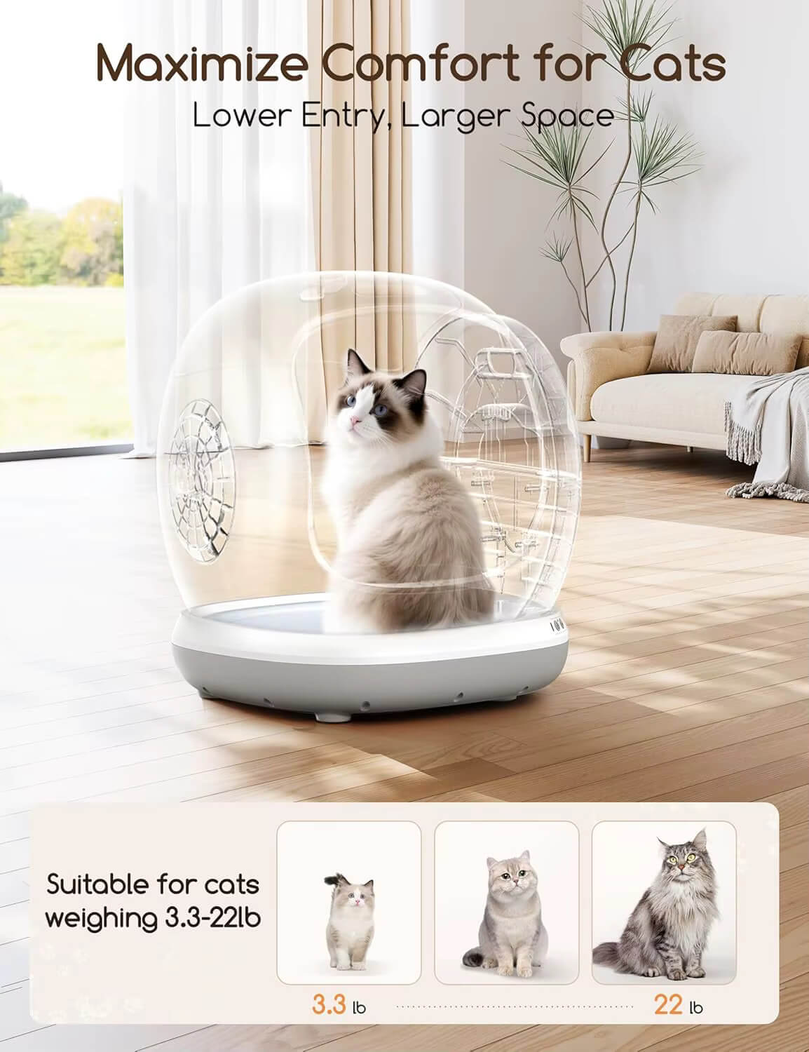 Cat sitting inside a transparent pet enclosure with text on comfort and suitability for cats.