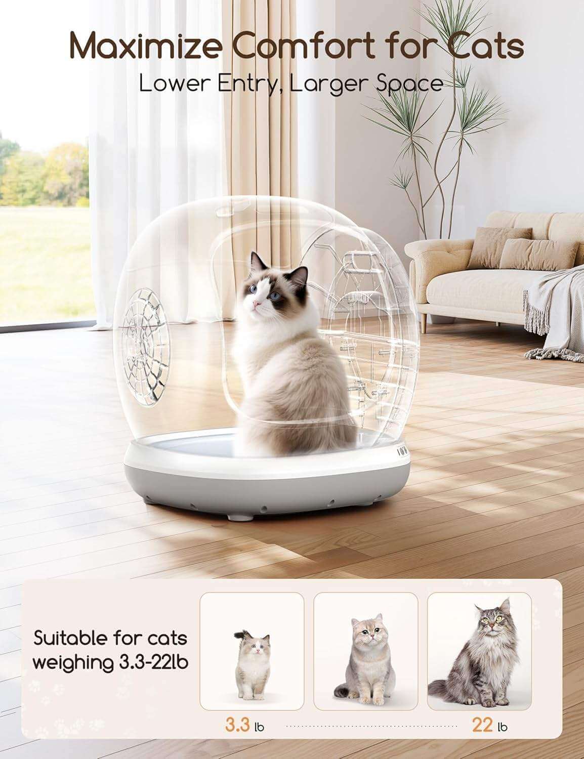 Cat sitting inside a transparent dome-shaped Meowant self cleaning litter box with text on comfort and suitability for cats.