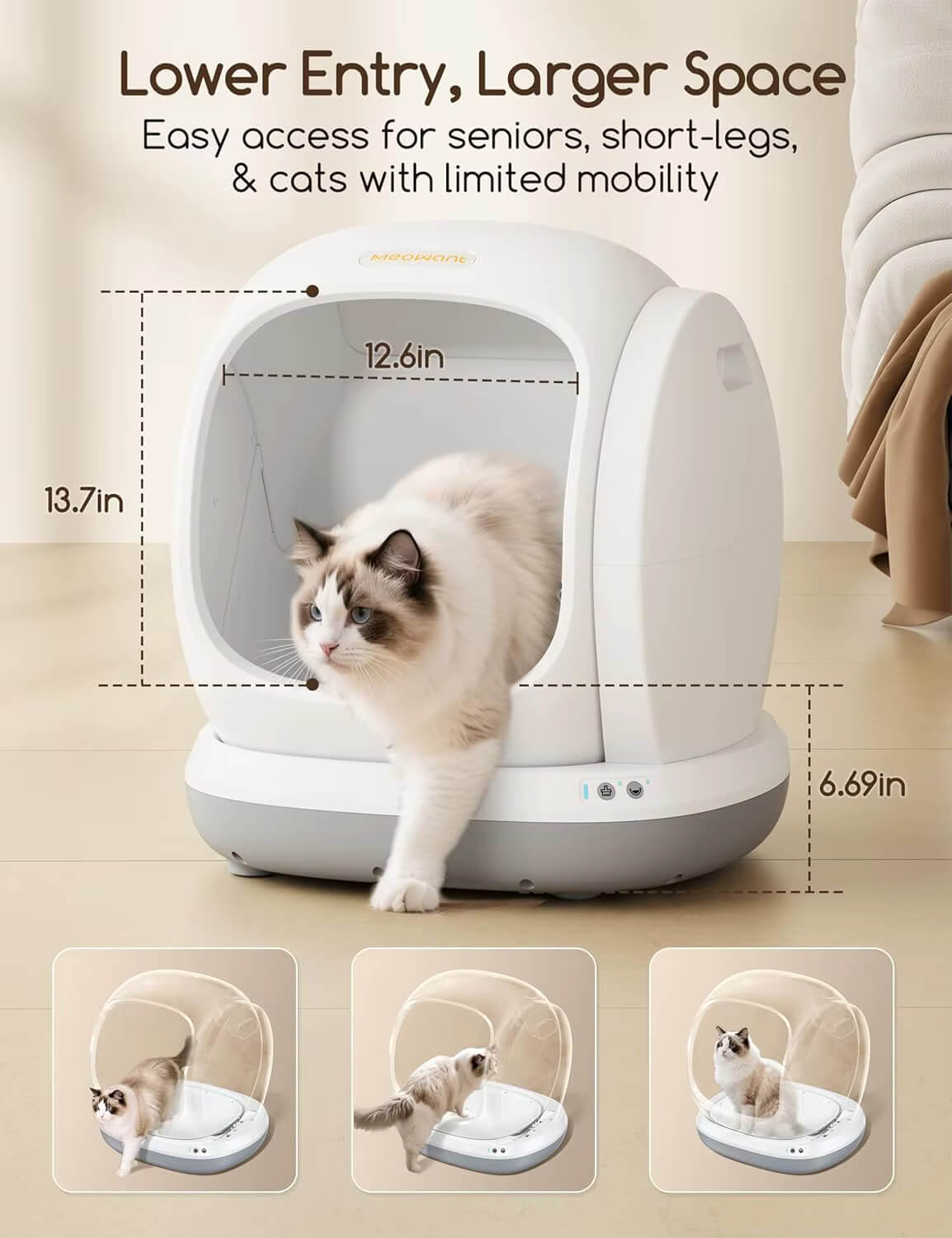 Cat using a Meowant self cleaning litter box with dimensions and accessibility features highlighted.