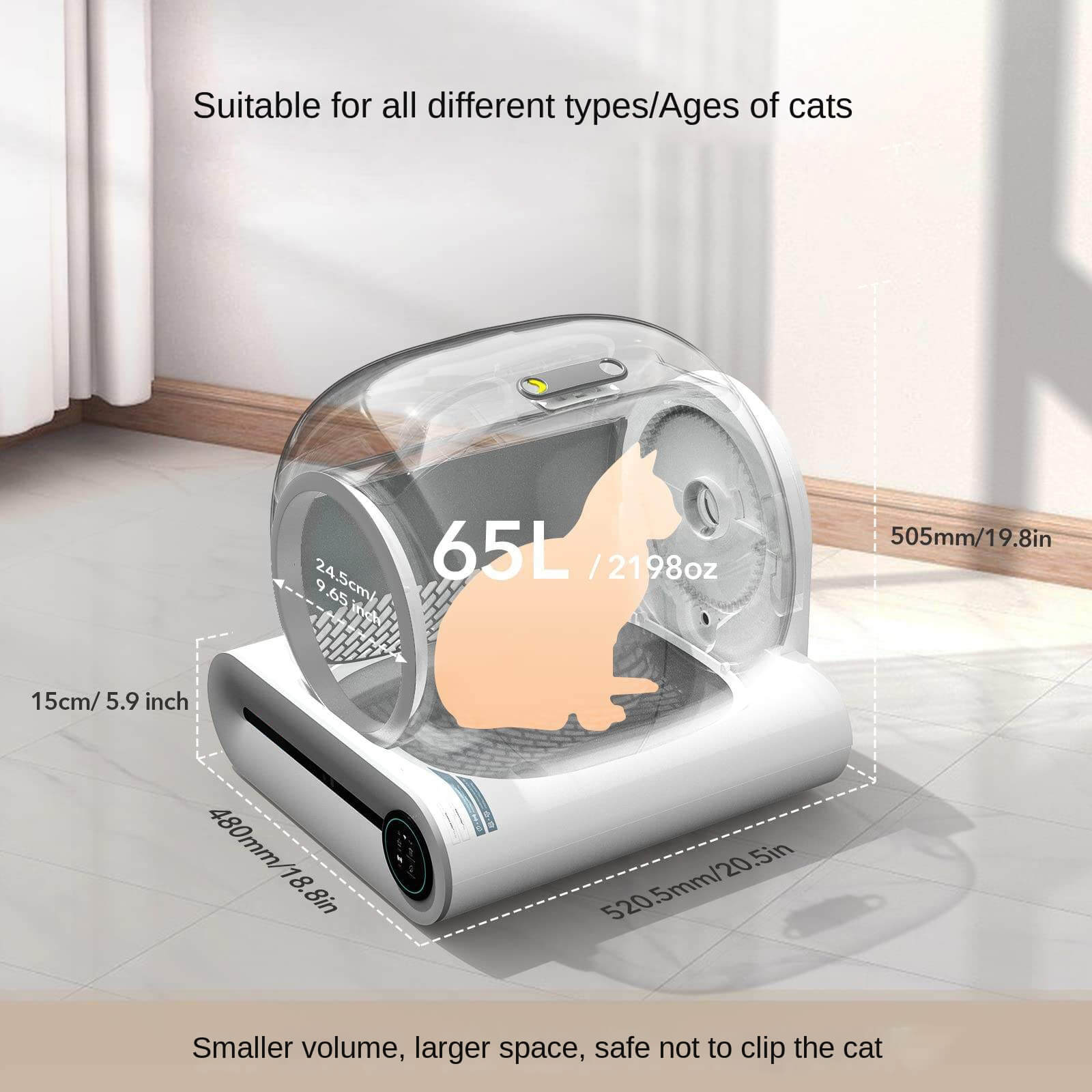 A smart scoop cat litter box with dimensions and suitability for cats on a neutral background. 