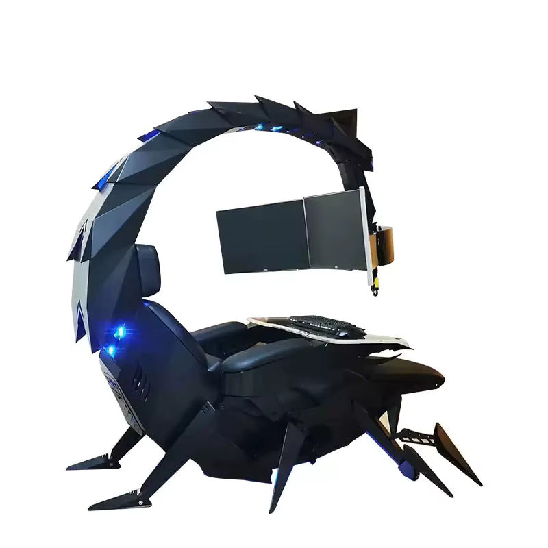Black scorpion gaming chair with futuristic design and LED lights on a white background