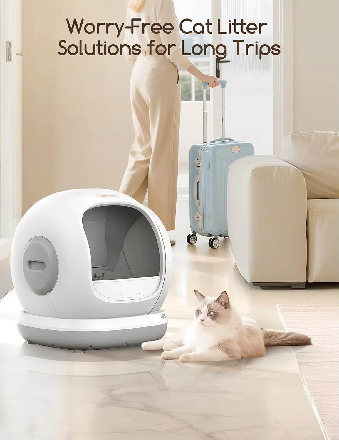 Meowant self cleaning litter box with a cat sitting next to it, and text about worry-free cat litter solutions for long trips.