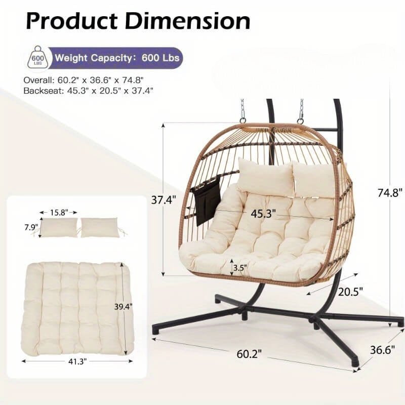 Hanging egg chair with stand showing its dimensions and weight capacity displayed