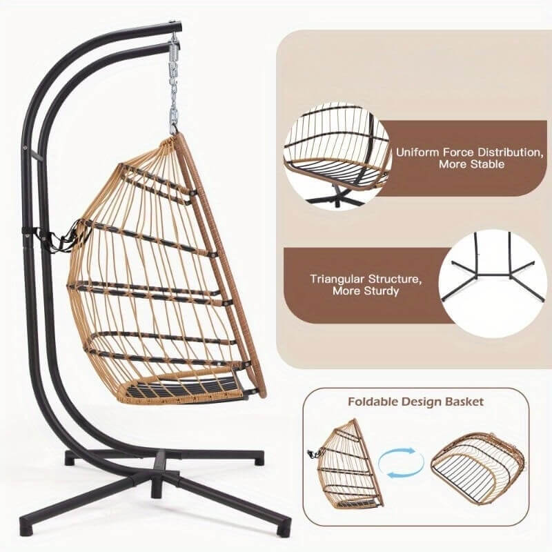 Double hanging swing chair with stand and features highlighted on a beige background