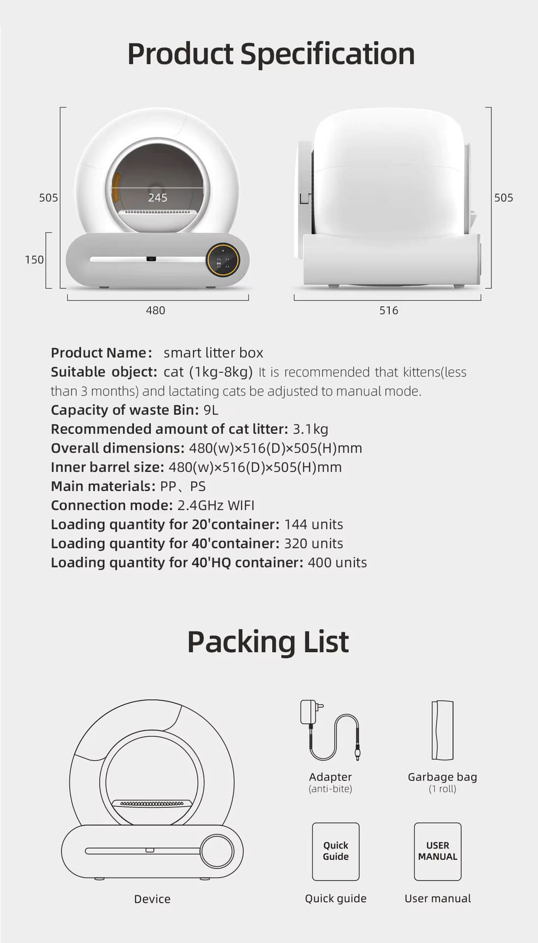 Product specification and packing list for a smart scoop cat litter box on a white background.