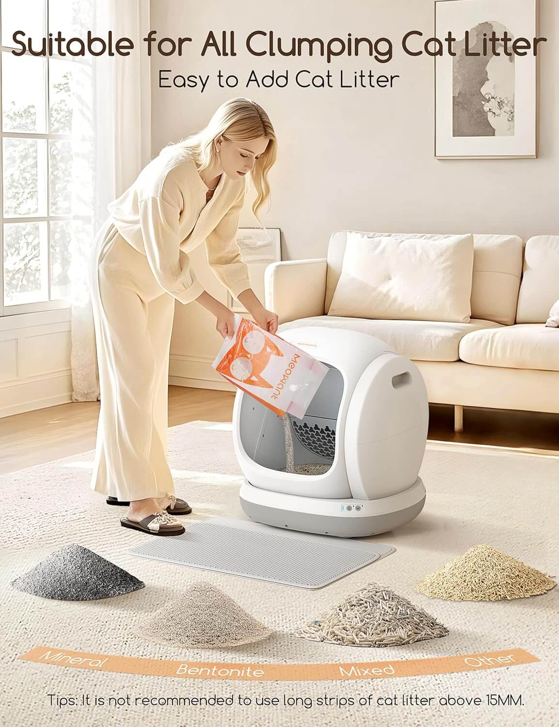 Woman adding cat litter to a self-cleaning litter box in a living room.