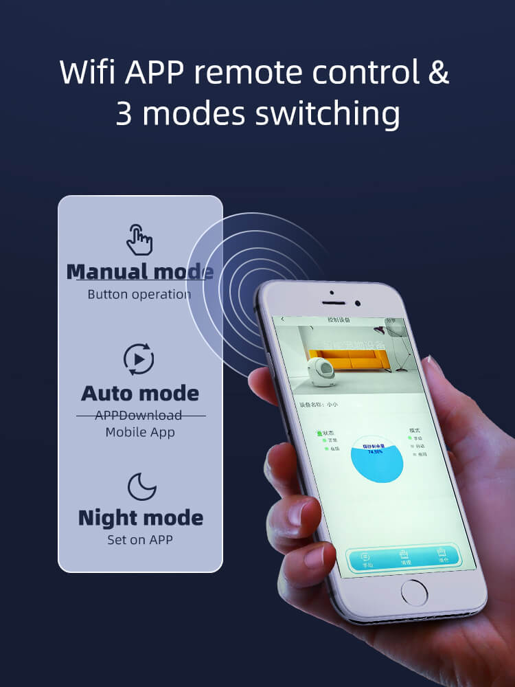Hand holding a smartphone with app interface displaying Wi-Fi remote control and three modes switching on a dark background.