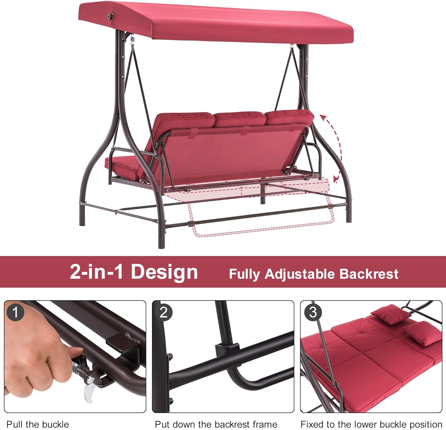 Red swing chair with adjustable backrest on a white background