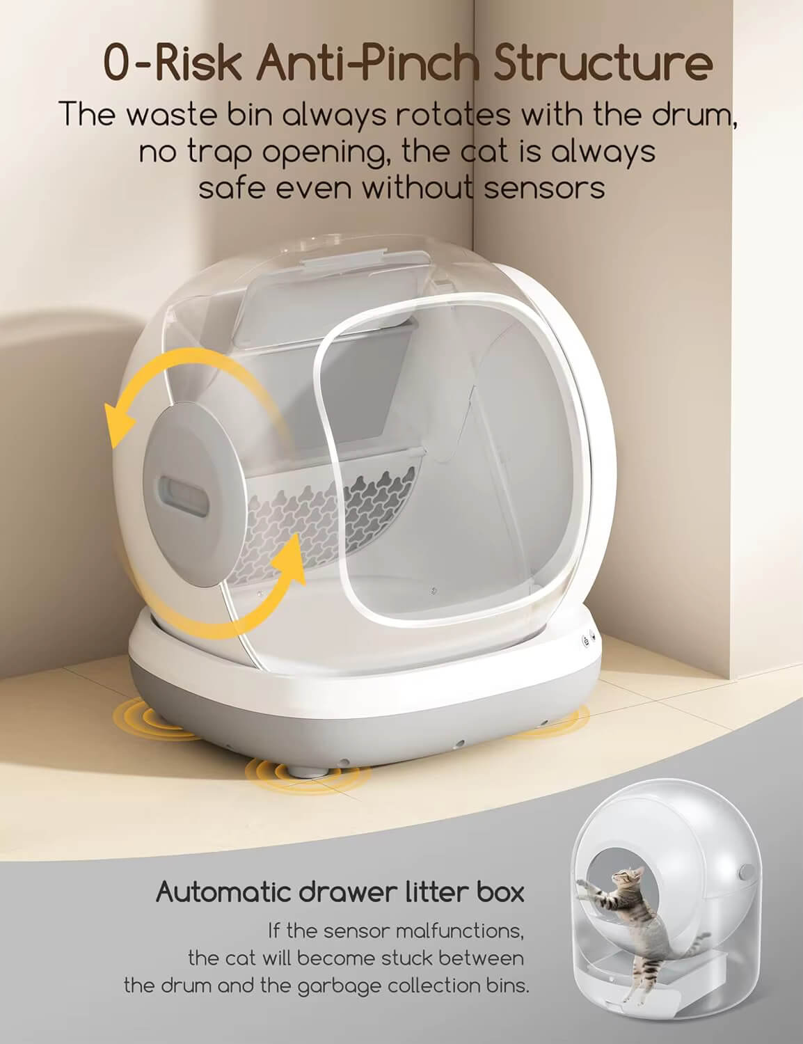 Meowant self cleaning litter box with text highlighting safety features