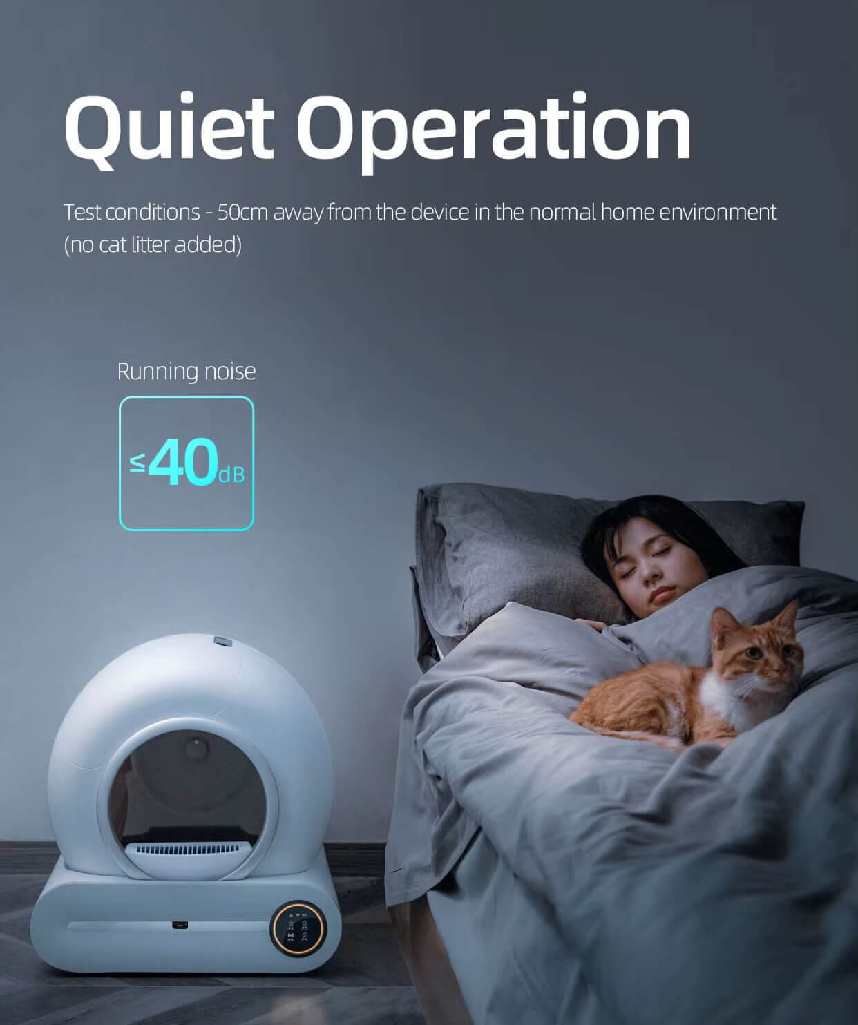 A smart scoop cat litter box showing its quiet operation and noiselessness