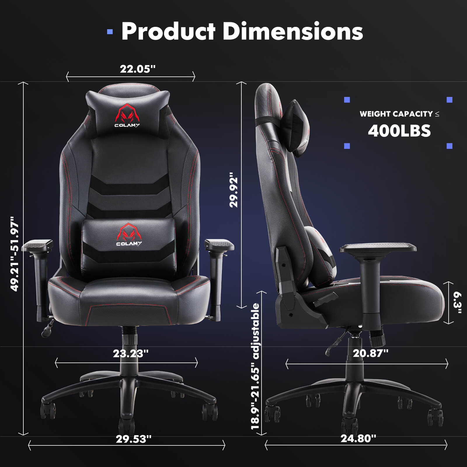 Dimension of a black heavy duty gaming chair​ sold by WorkZen Interiors