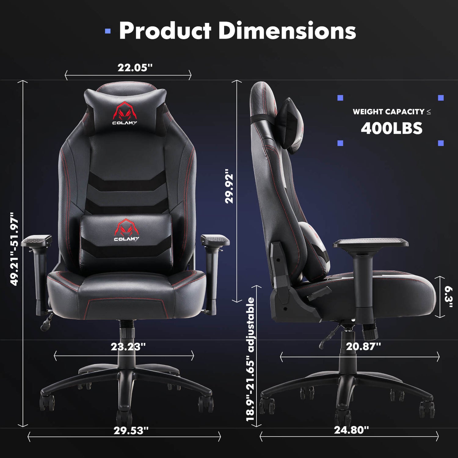 Dimension of a black heavy duty gaming chair​ sold by WorkZen Interiors