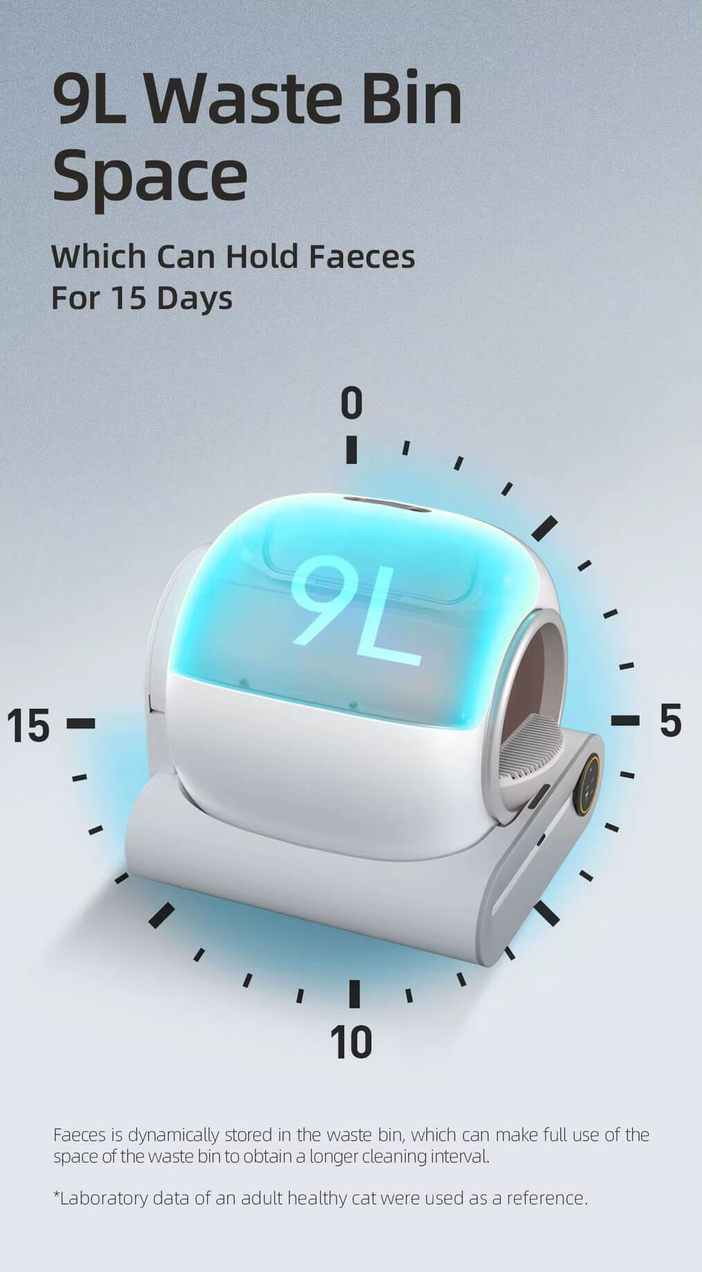 A smart scoop cat litter box showing its 9 litres waste bin space