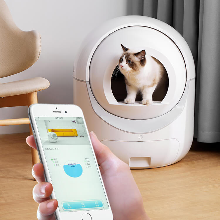 Smart cat litter box with a cat inside, connected to a smartphone app.