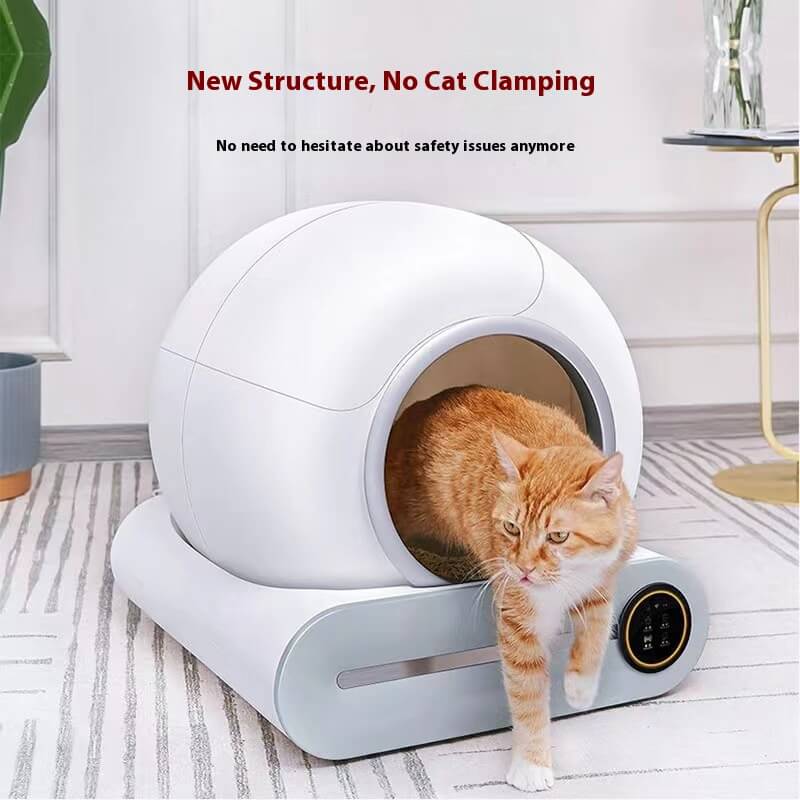A smart scoop cat litter box with text about its safety features 