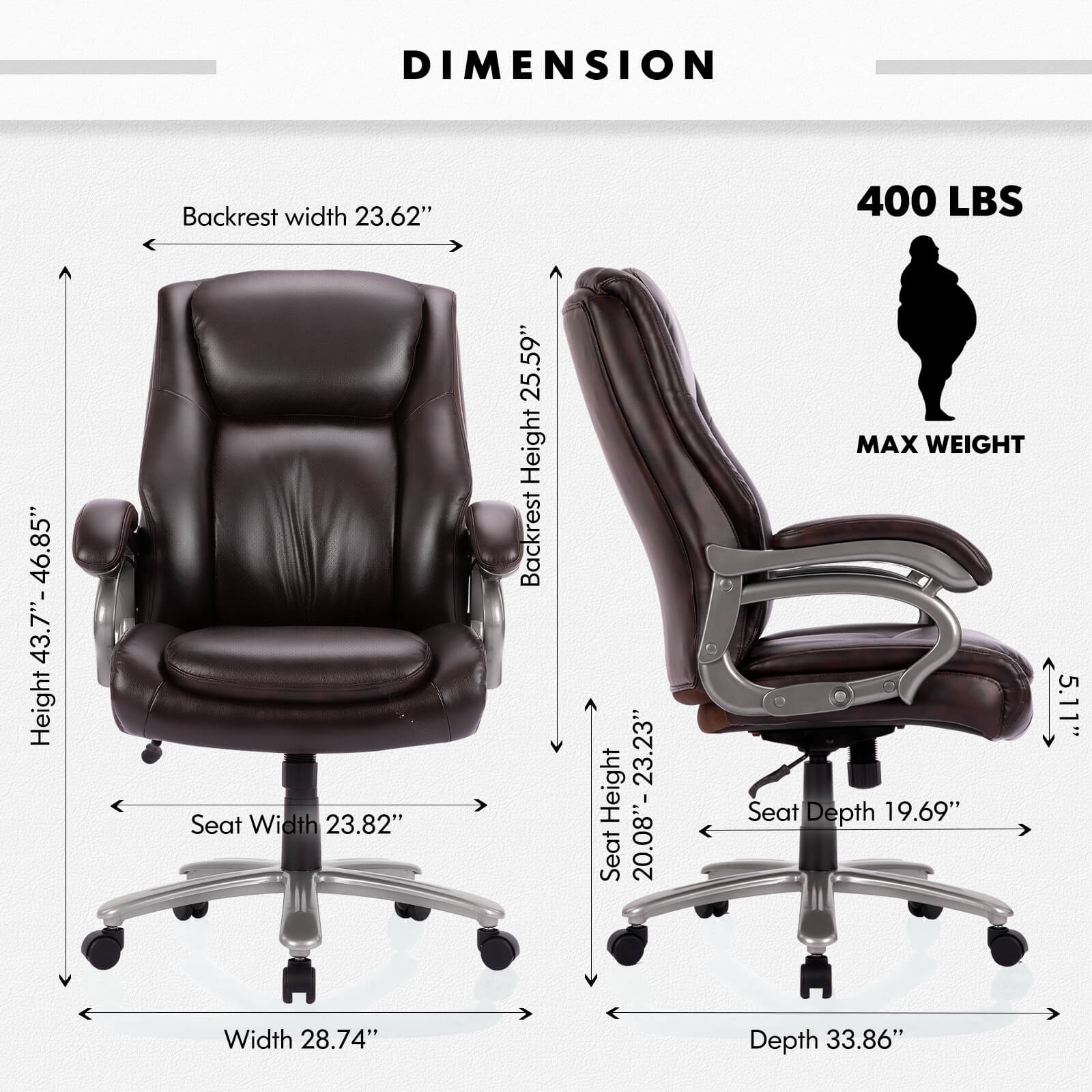 The dimension of a high back office chair sold by WorkZen Interiors as well as the weight limit of people who can sit on it