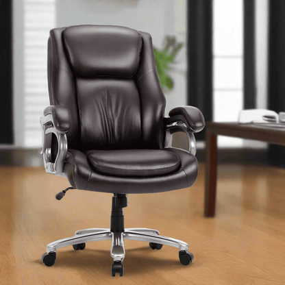 A brown high back office chair manufactured by Colamy positioned beside a table in an office  and sold by WorkZen Interiors