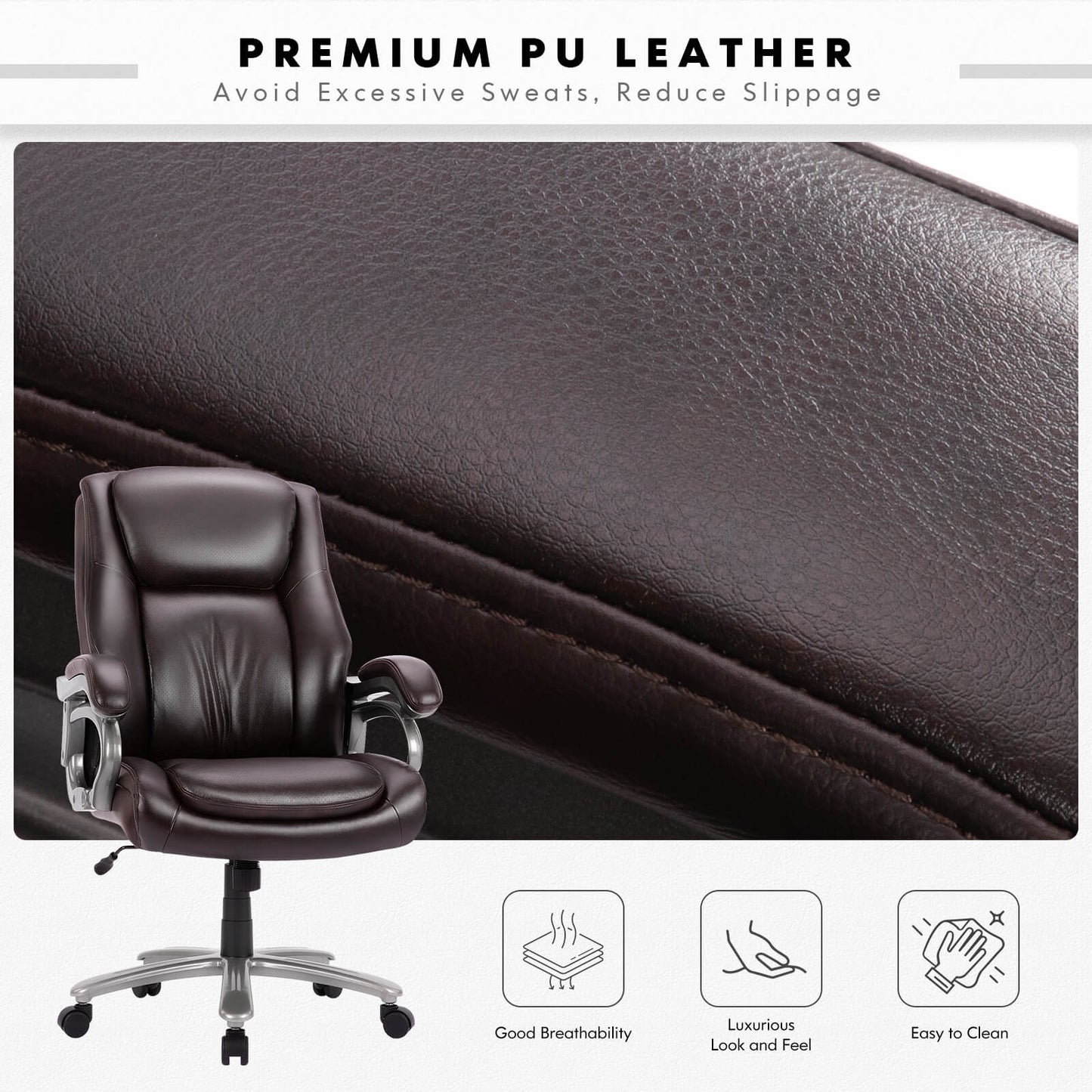 The excellent leather quality of a high back office chair sold by WorkZen Interiors
