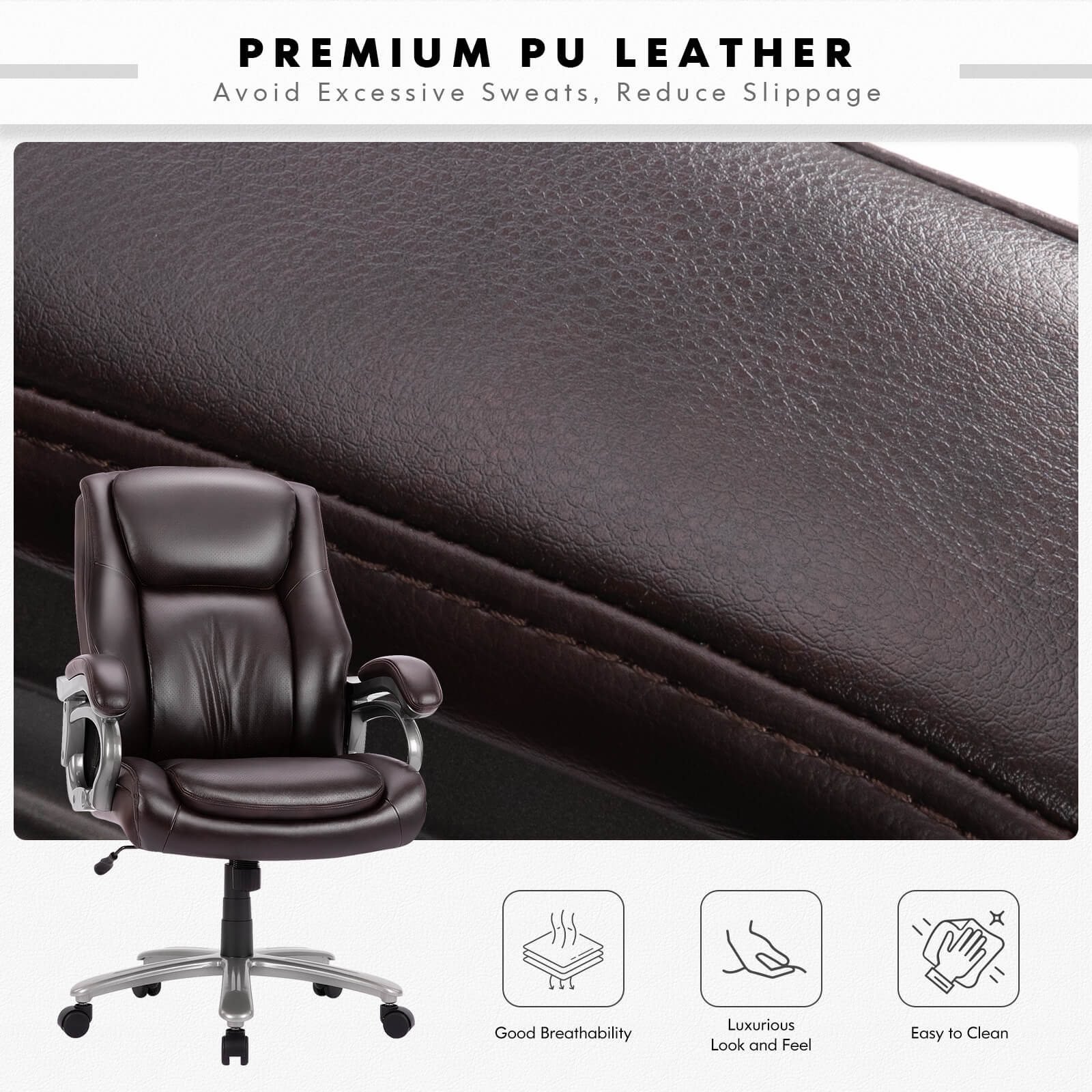The excellent leather quality of a high back office chair sold by WorkZen Interiors