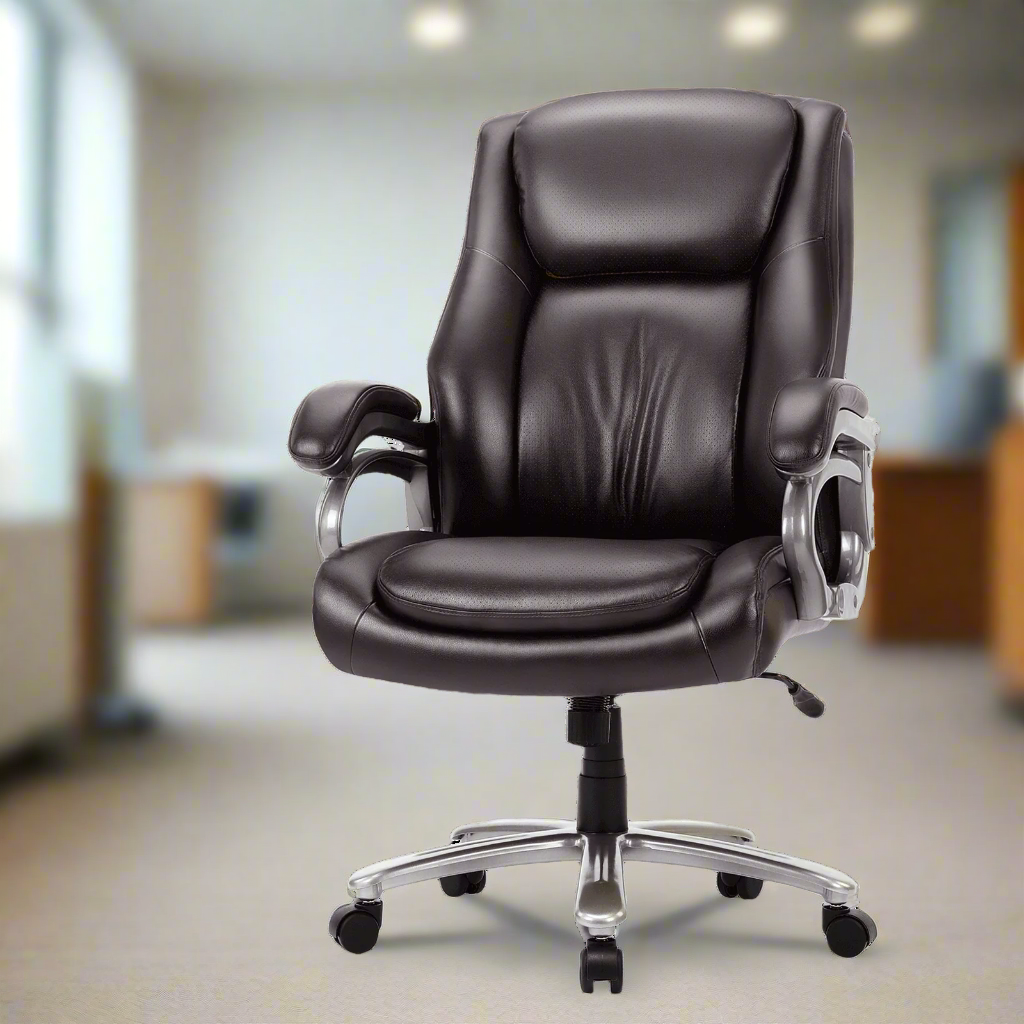 A brown high back office chair sold by WorkZen Interior and used in an office