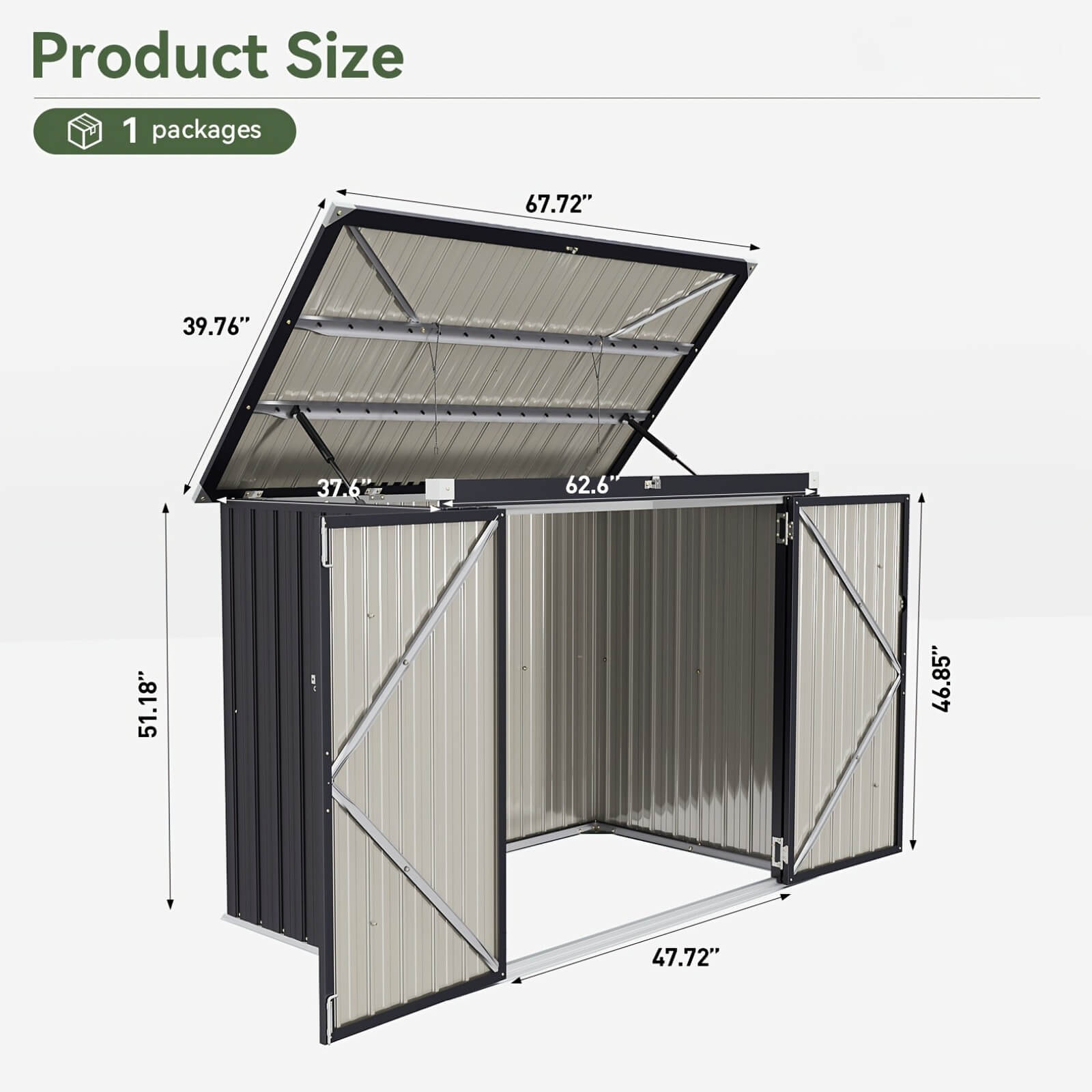 Dimensions of a horizontal outdoor storage shed with an open lid on a white background