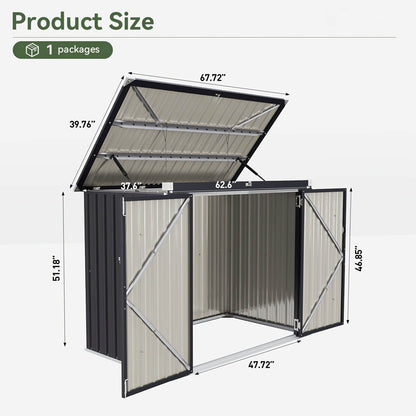 Dimensions of a horizontal outdoor storage shed with an open lid on a white background