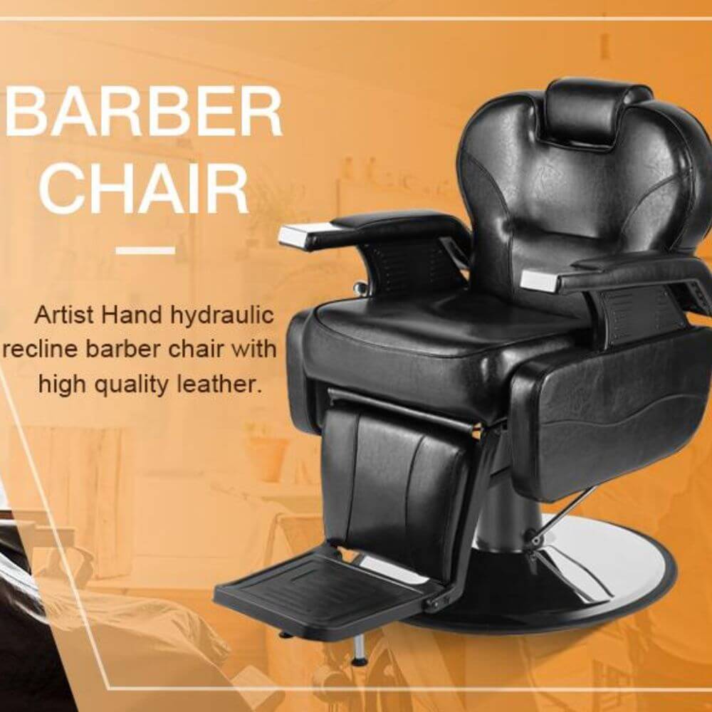 Black hydraulic barber chair with high-quality leather on an orange background