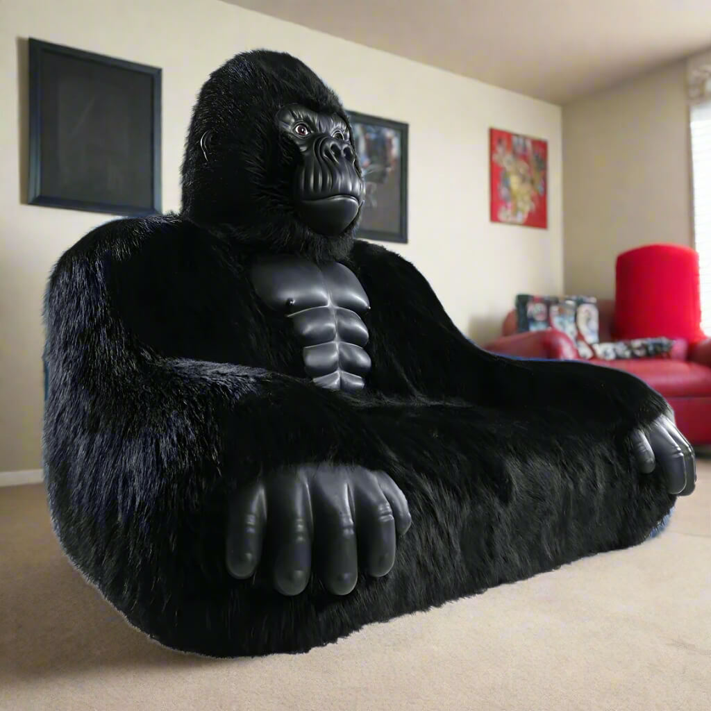 A black inflatable gorilla sofa sold by WorkZen Interiors