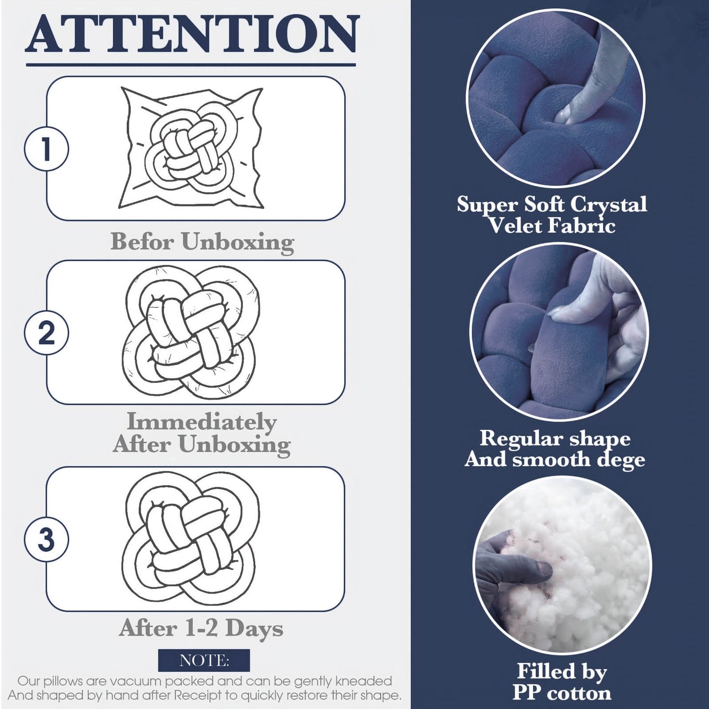Instructions for a pillow's shape and texture changes after unboxing, with close-up images of the pillow's fabric and filling.