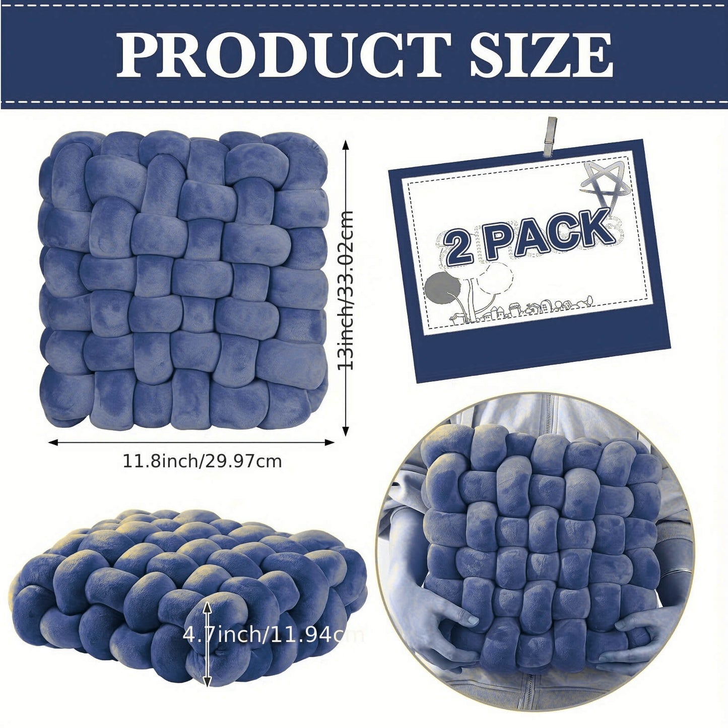 Blue knotted pillow with dimensions and a 2-pack label on a white background
