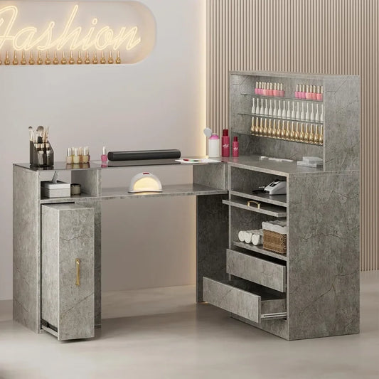 A grey marble L shaped manicure table sold by WorkZen Interiors