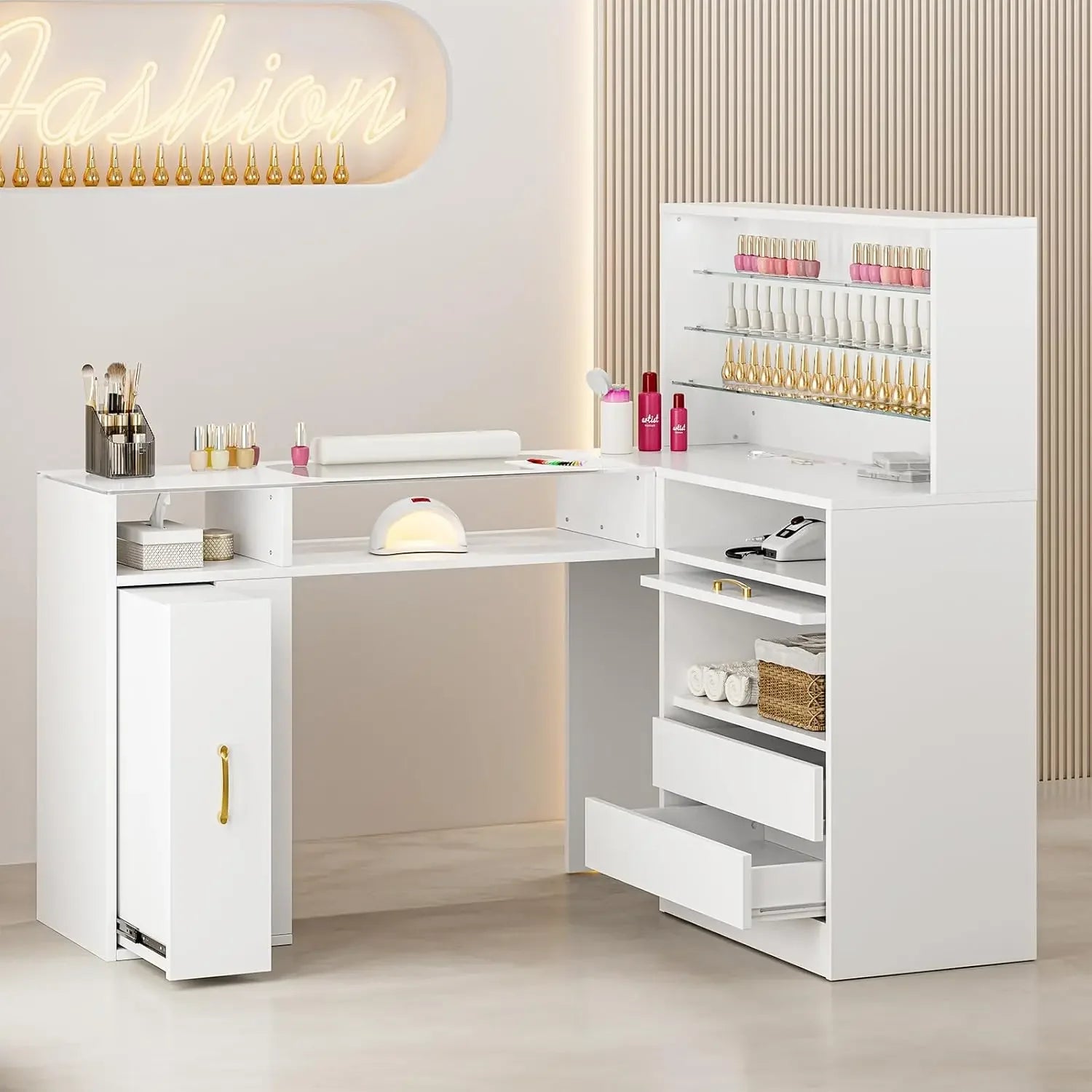 A white L shaped manicure table sold by WorkZen Interiors