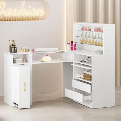 A white L shaped manicure table sold by WorkZen Interiors