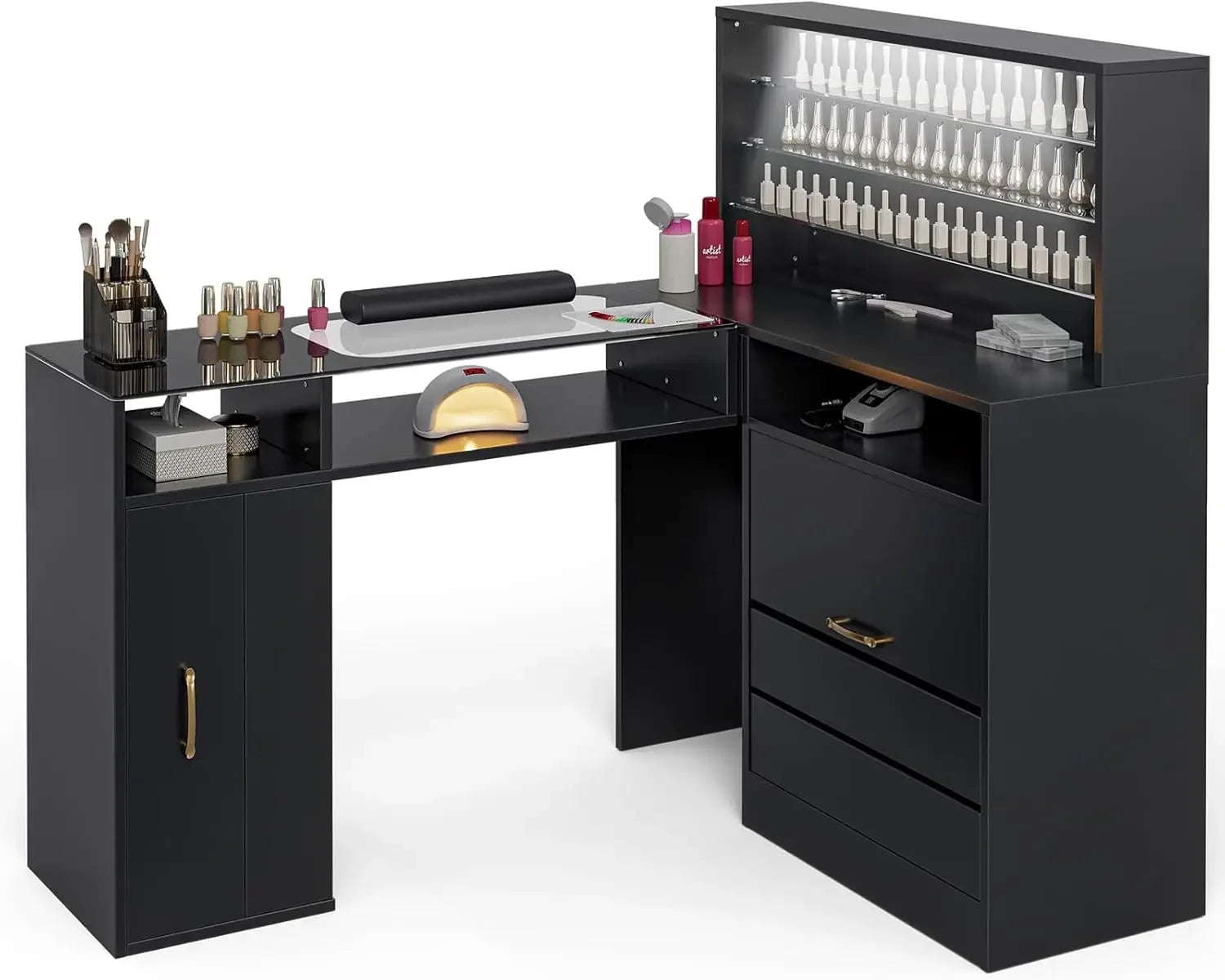 A black L shaped manicure table sold by WorkZen Interiors