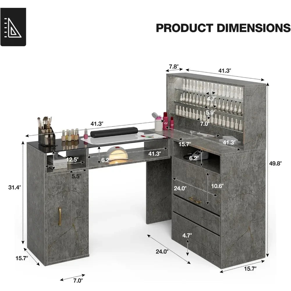Dimensions of a grey marble L shaped manicure table sold by WorkZen Interiors