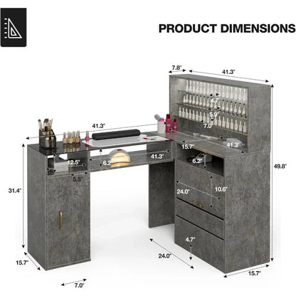 Dimensions of a grey marble L shaped manicure table sold by WorkZen Interiors