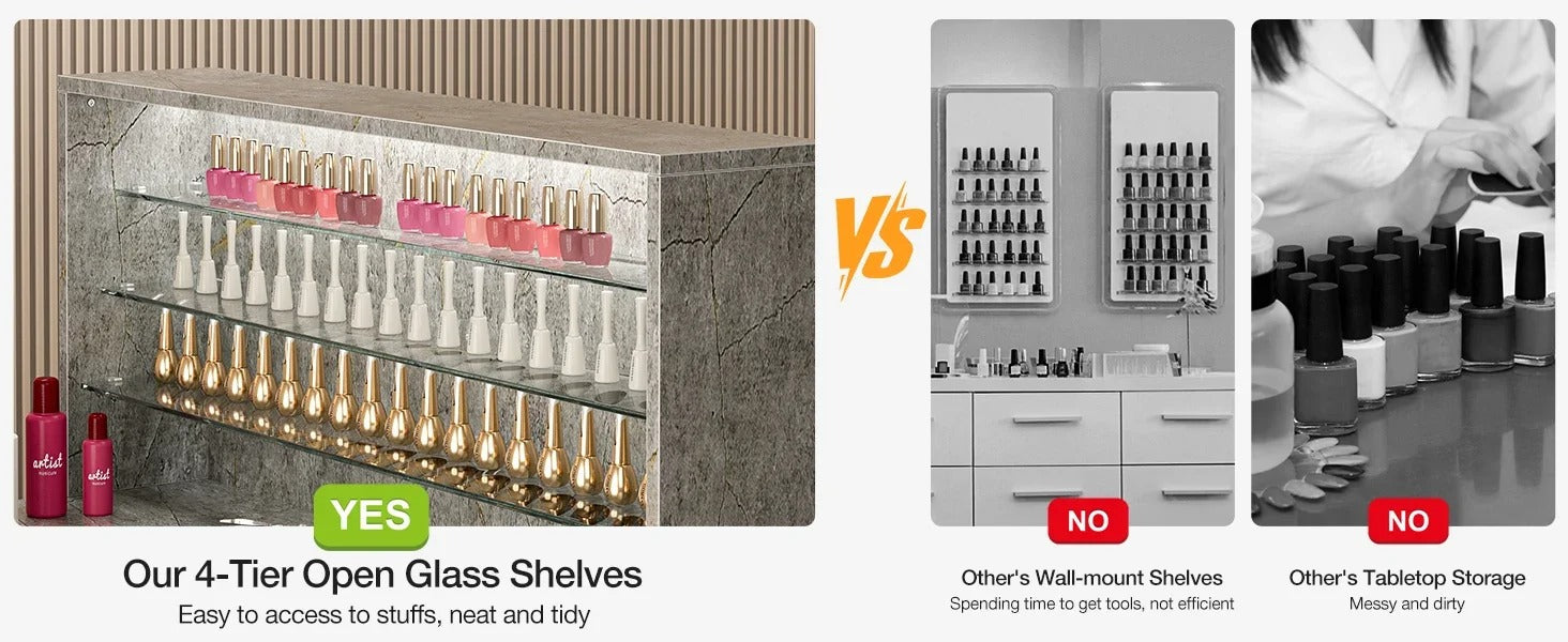 4 tier open glass shelves of a grey marble L shaped manicure table sold by WorkZen Interiors