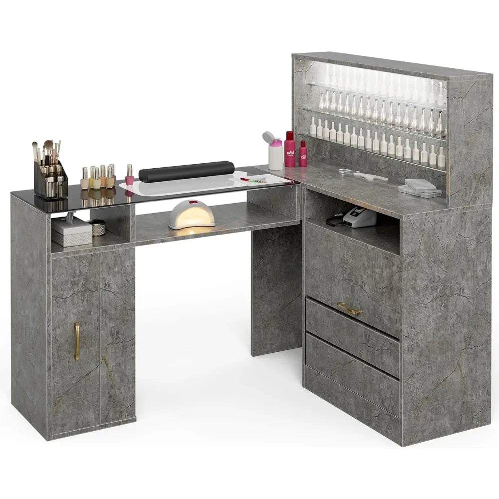 A grey marble L shaped manicure table sold by WorkZen Interiors