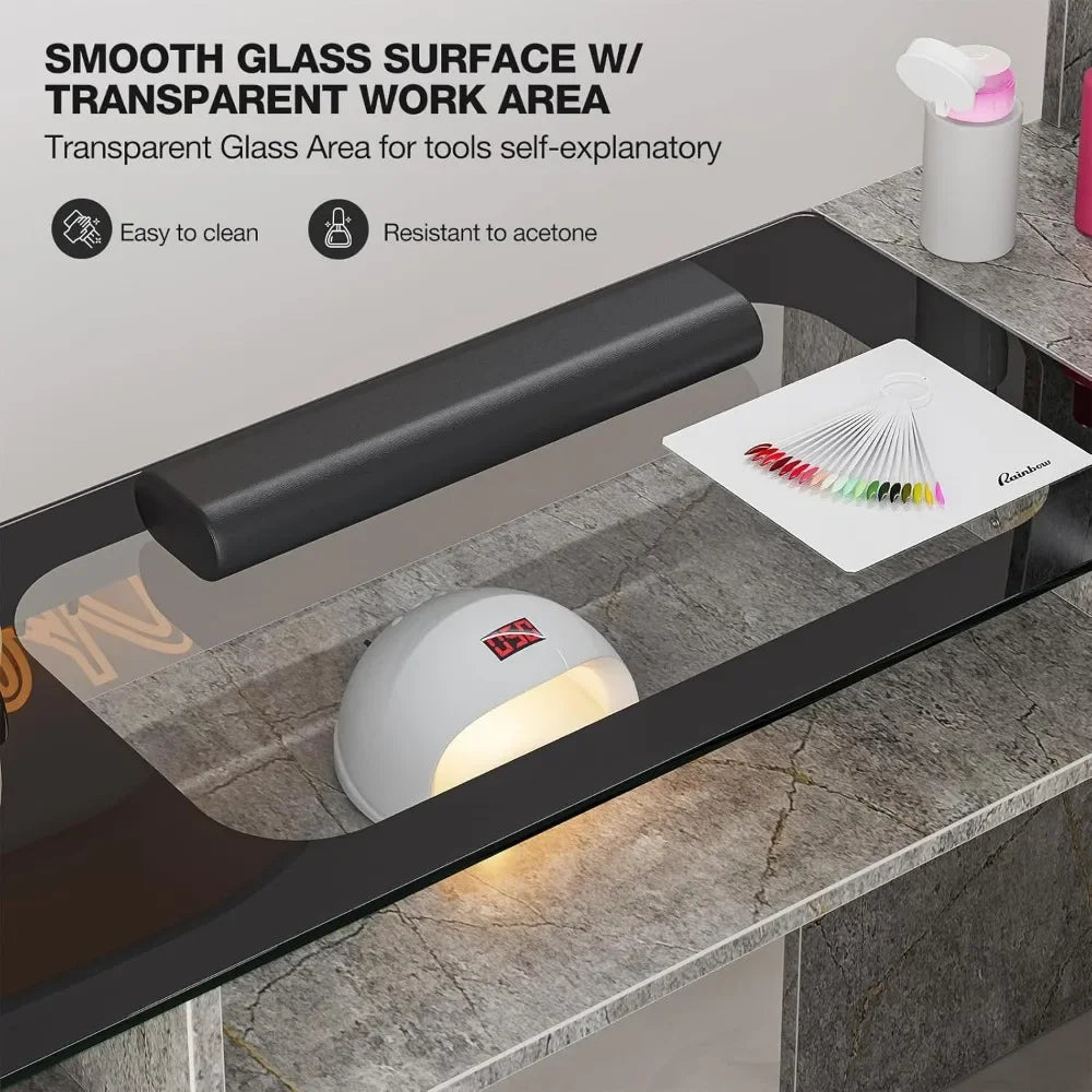 The smooth glass surface of a grey marble L shaped manicure table sold by WorkZen Interiors