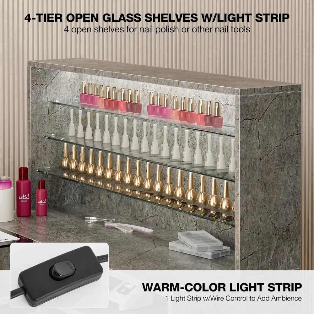 4 tier open glass shelves of a grey marble L shaped manicure table sold by WorkZen Interiors