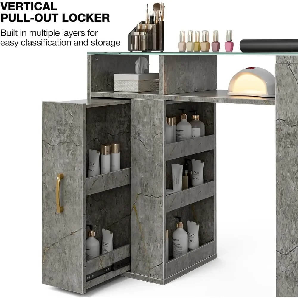 A vertical pull out locker of a grey marble L shaped manicure table sold by WorkZen Interiors