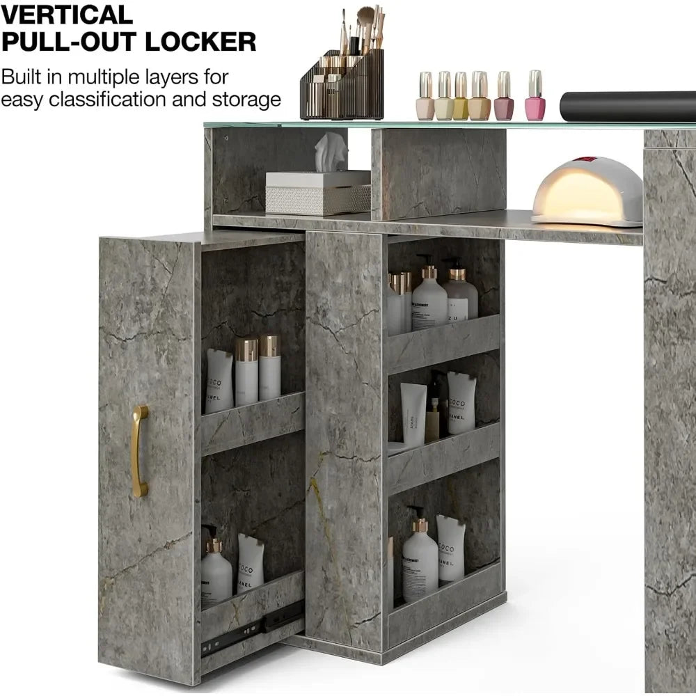 A vertical pull out locker of a grey marble L shaped manicure table sold by WorkZen Interiors