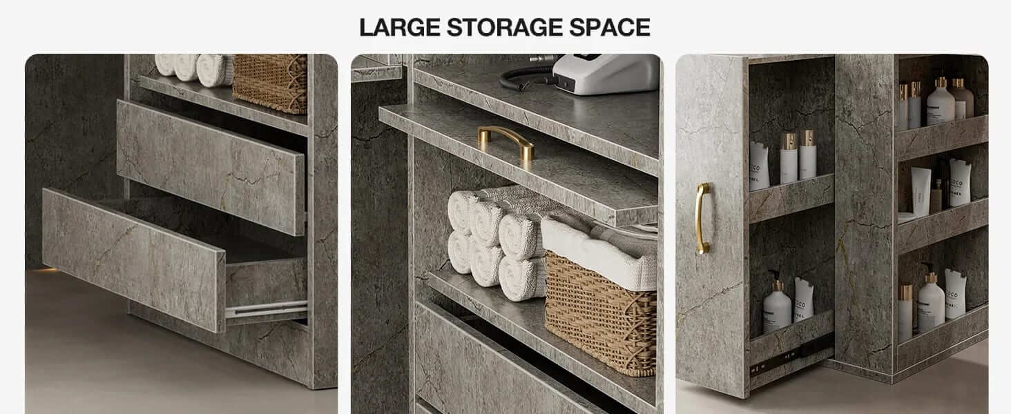 Large storage space of a grey marble L shaped manicure table sold by WorkZen Interiors