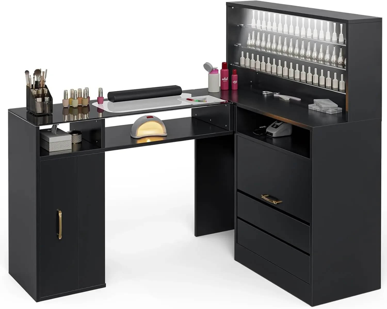 A black L shaped manicure table sold by WorkZen Interiors