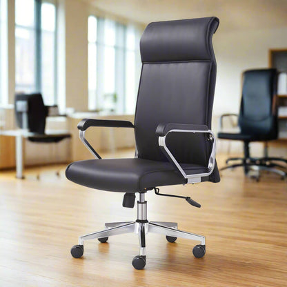 A black leather office chair sold on WorkZen Interiors