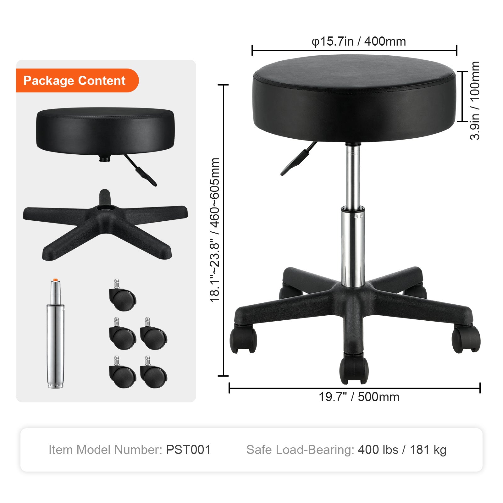 The dimension of a 400 lbs black leather stool sold by WorkZen Interiors