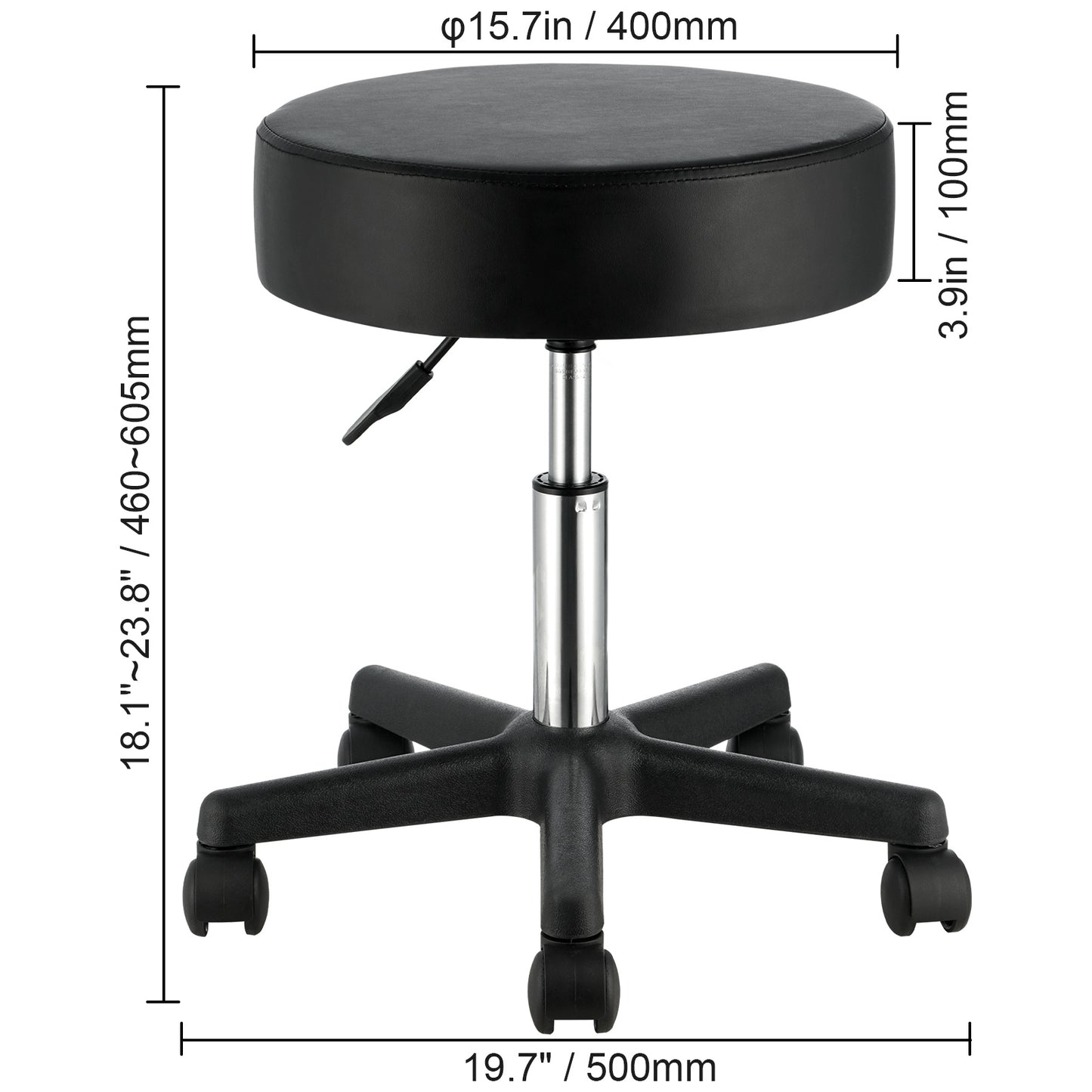 The dimension of a 400 lbs black leather stool sold by WorkZen Interiors