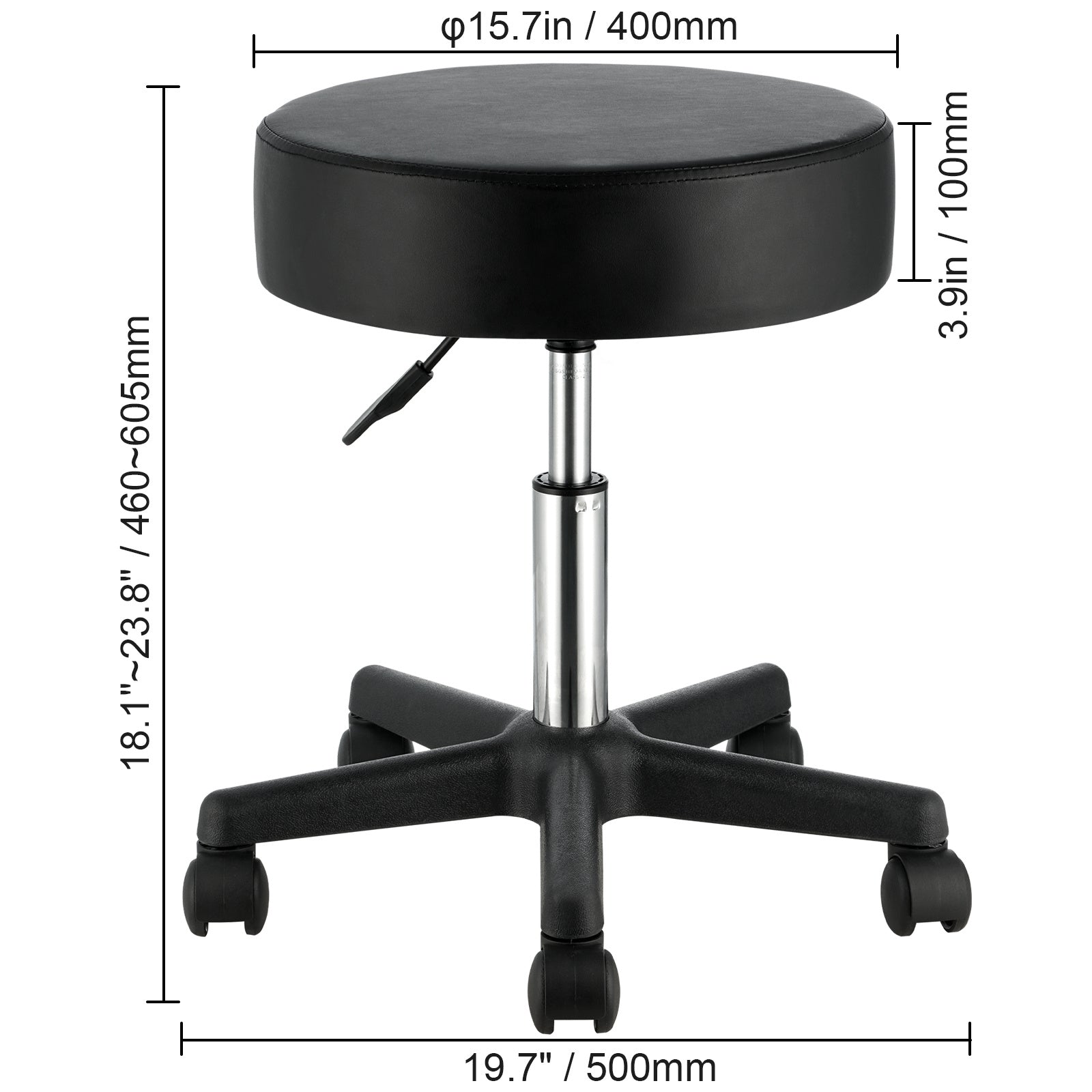 The dimension of a 400 lbs black leather stool sold by WorkZen Interiors