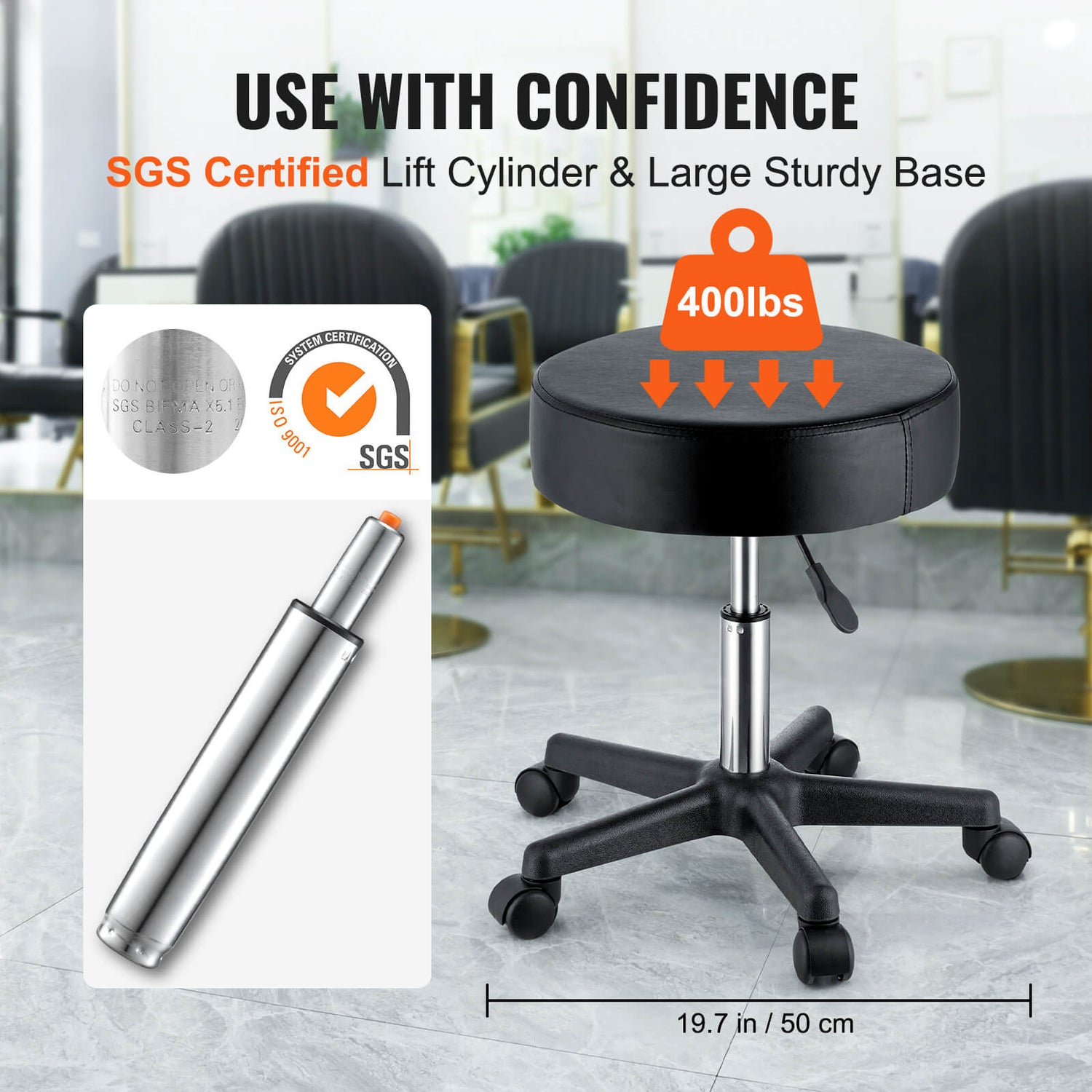 A 400 lbs black leather stool sold by WorkZen Interiors